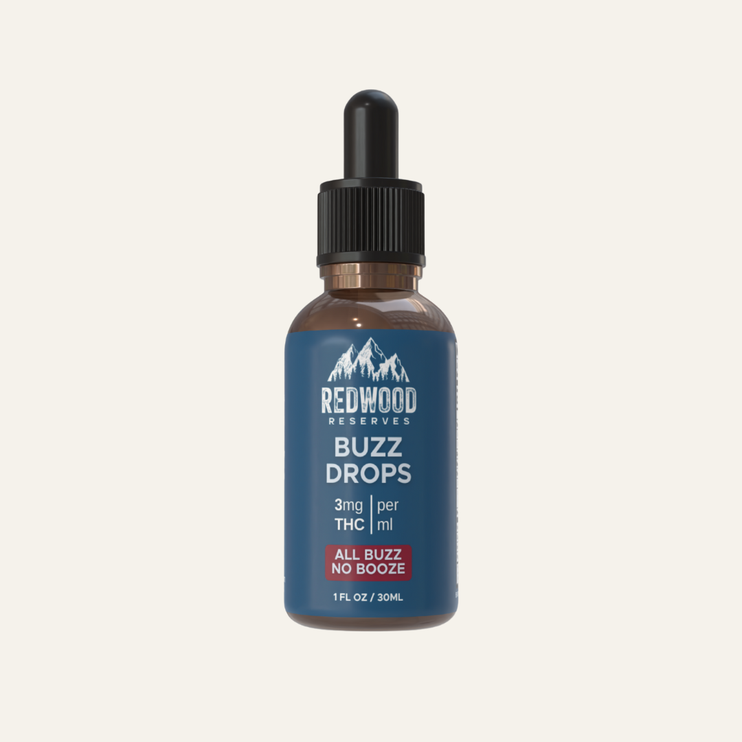 Bottle of Redwood Reserves Buzz Drops, 1 fl oz / 30ml, 3mg THC per ml