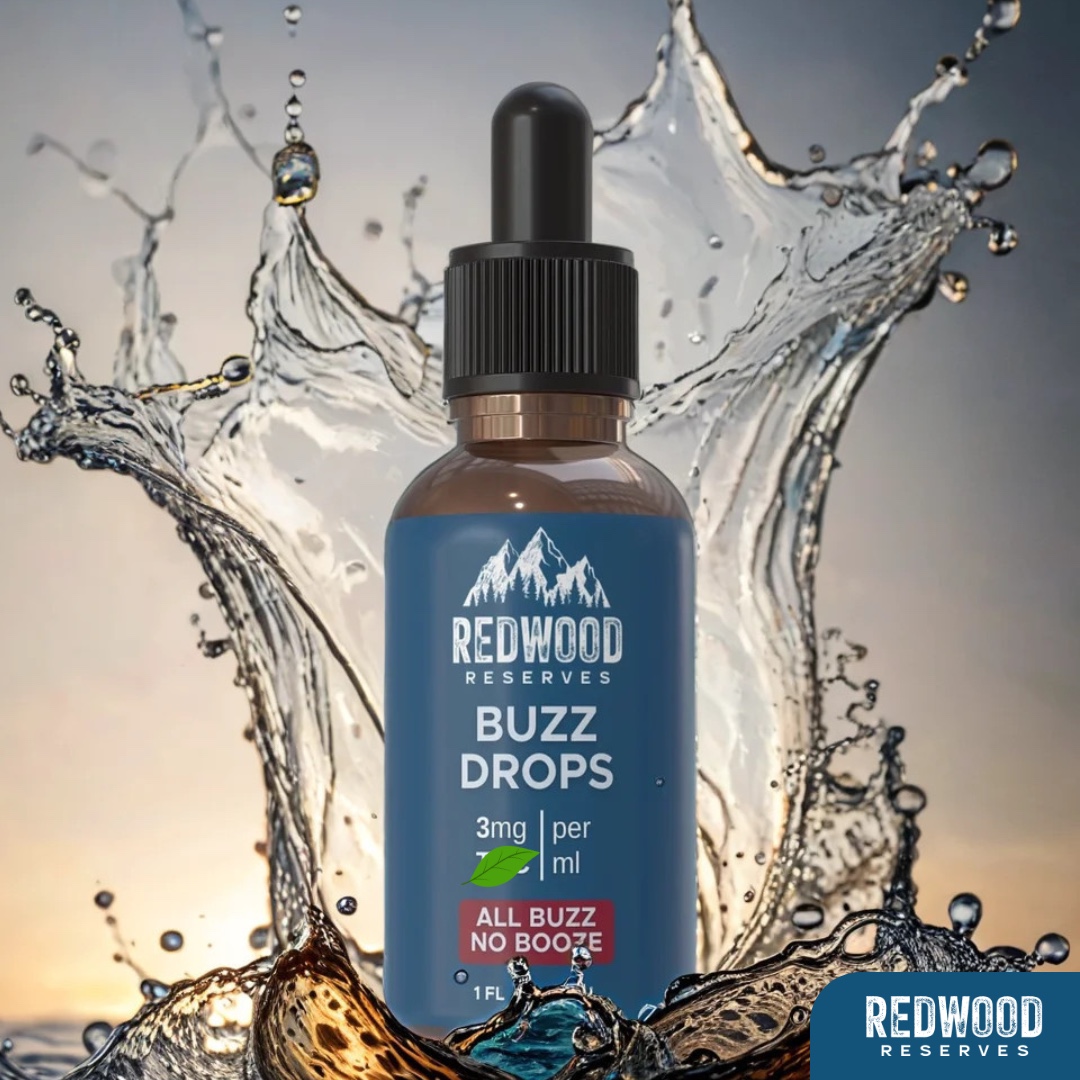 Redwood Reserves Buzz Drops bottle with a water splash